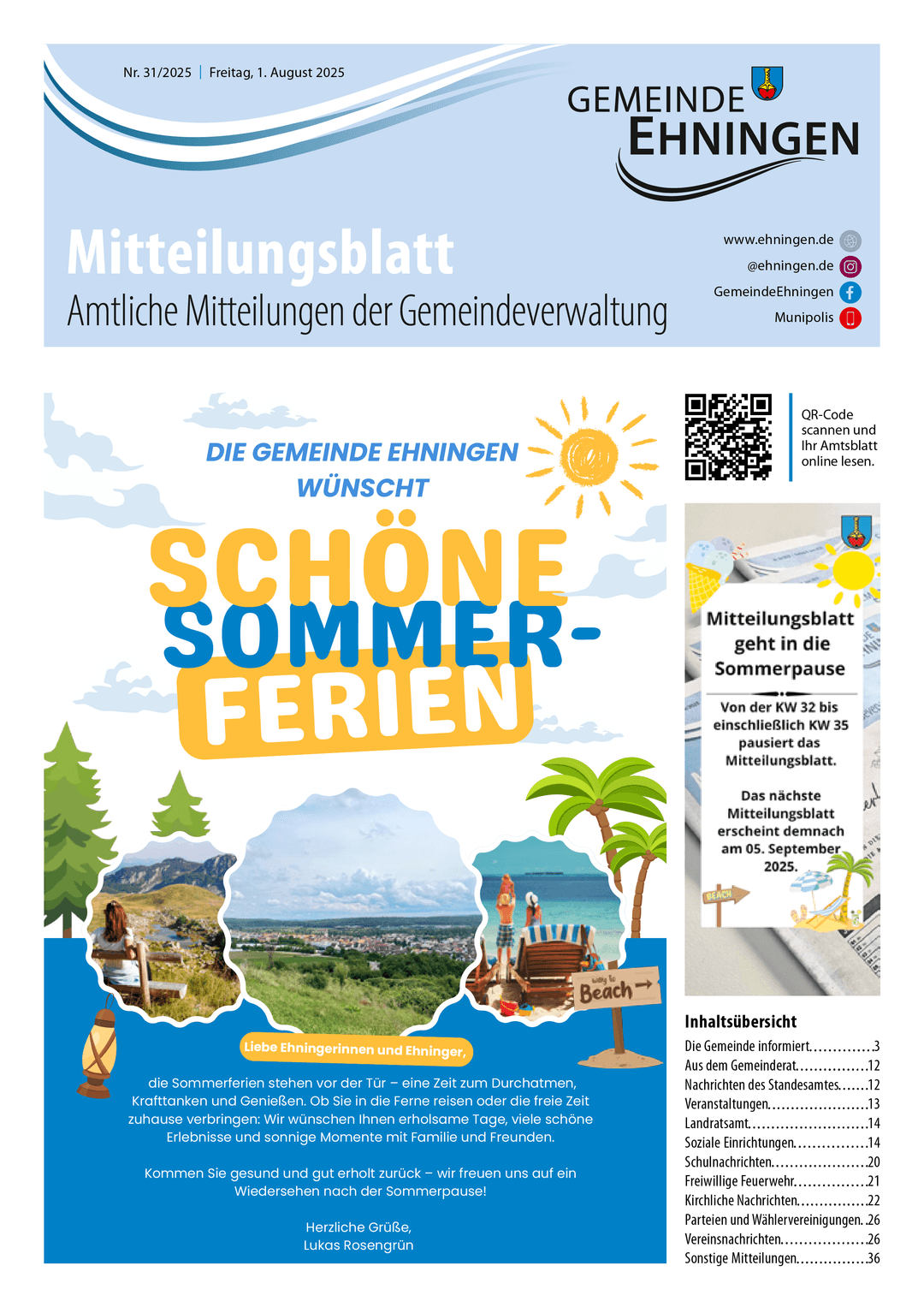 Titelseite des Mitteilungsblattes von ehningen