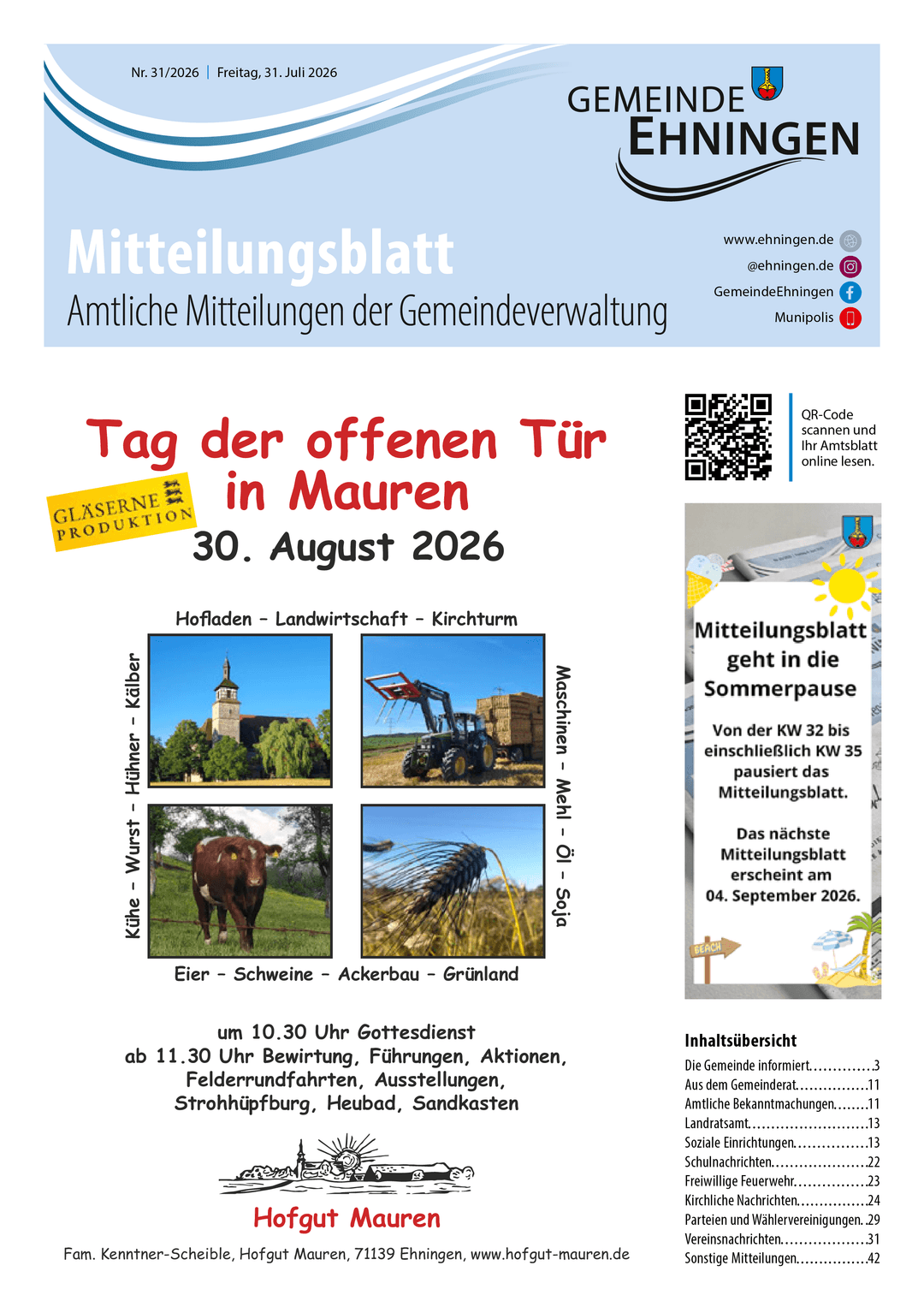 Titelseite des Mitteilungsblattes von ehningen
