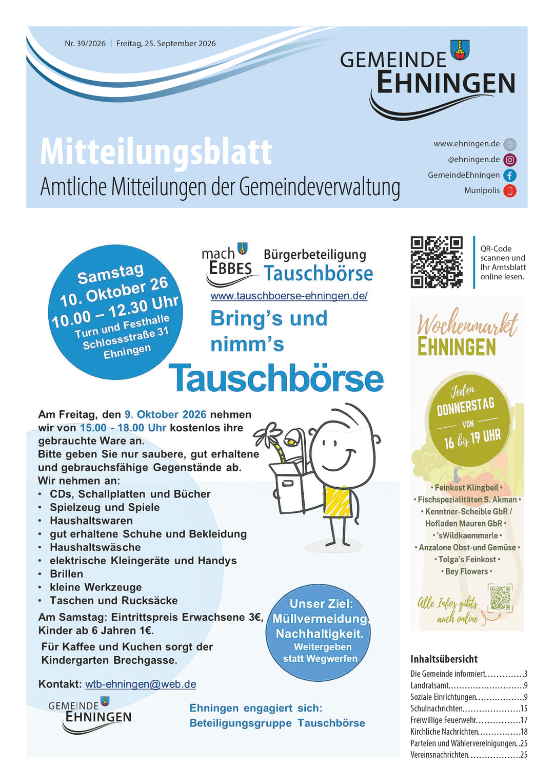 Titelseite des Mitteilungsblattes von ehningen