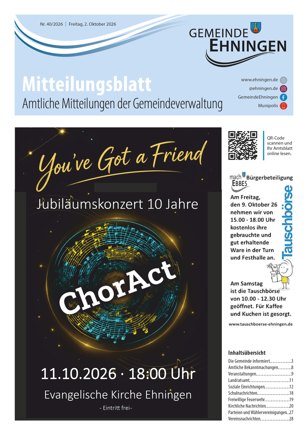 Titelseite des Mitteilungsblattes von ehningen